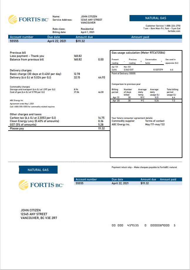 Canada British Columbia FortisBC utility bill template in Word and PDF format